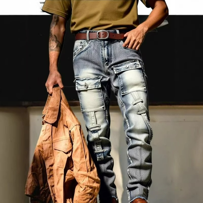 Europe Streetwear Brand - بنطلون رجالي بتصميم ممزق ومغسول، بجيوب